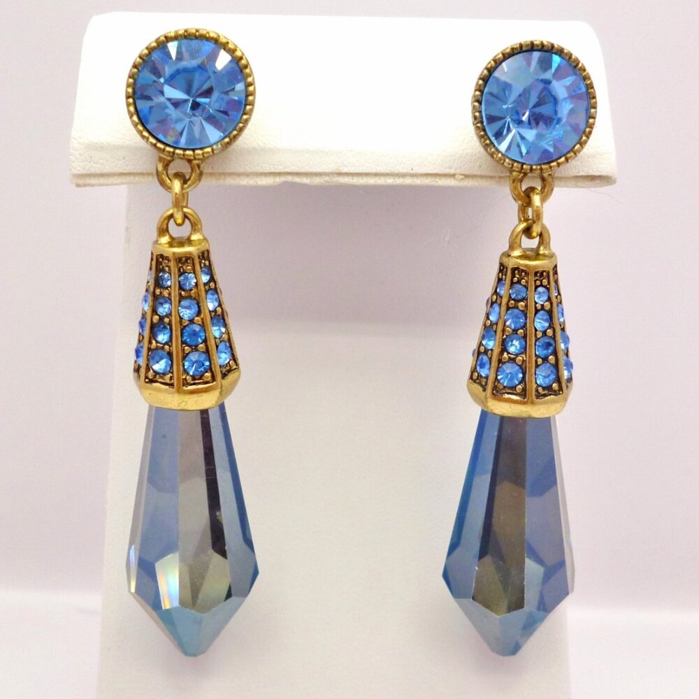 Heidi Daus Blue Dangle Earrings Swarovski Prism Crystals Signed Perfect 32160